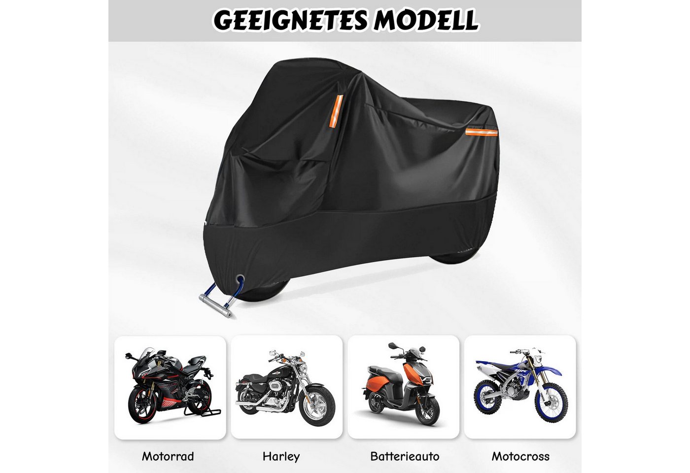 BlingBin Schutzplane Wasserdichte Motorrad Abdeckplane, Abdeckung Motorroller (1er Set, 1-St., Artikelmaße (L x B x H): 230*95*125cm), Motorrad Hülle L/XL/XXL/XXXL mit Reflexstreifen+Verriegelungslöchern Bild 3