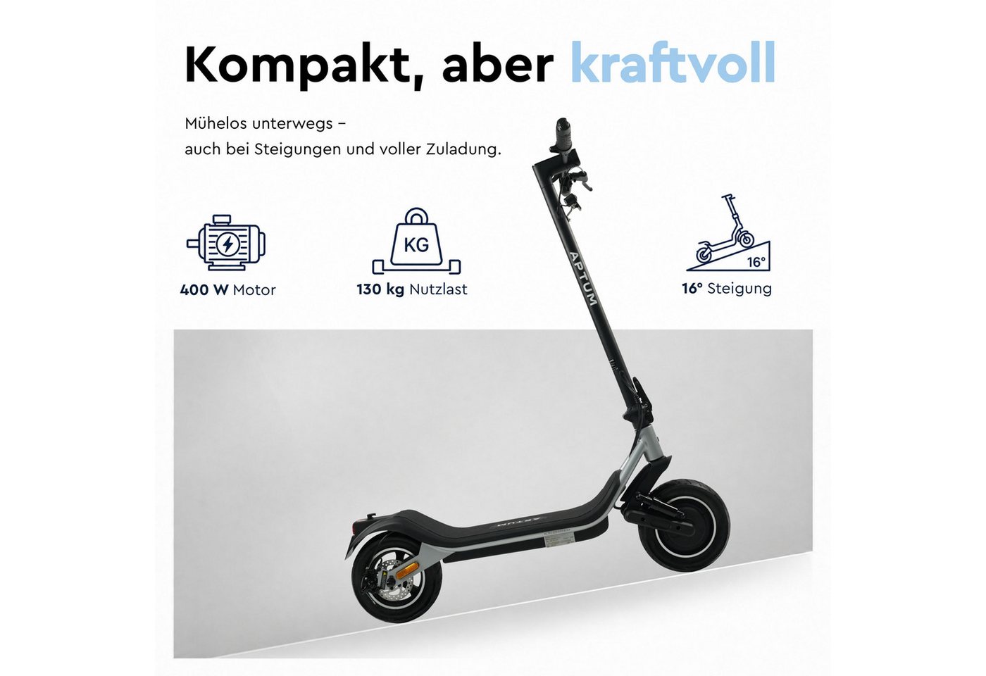 Aptum E-Scooter Lite C3 MAX mit Straßenzulassung leicht Blinker 400W Federung 10 Zoll, 20 km/h, leicht, 400 W, vordere Federung, integrierte Blinker, 130 kg Belastung Bild 4