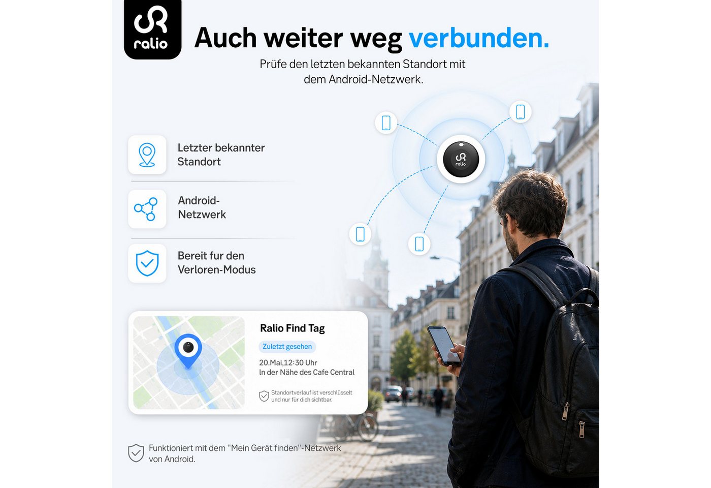 Ralio Bluetooth Tracker Android, kompatibel mit Google Find My Device GPS-Tracker (Smart Tag ohne Abo, für Schlüssel, Geldbörse, Tasche, Rucksack,Fahrrad)