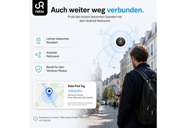 Ralio Bluetooth Tracker Android, kompatibel mit Google Find My Device GPS-Tracker (Smart Tag ohne Abo, für Schlüssel, Geldbörse, Tasche, Rucksack,Fahrrad)