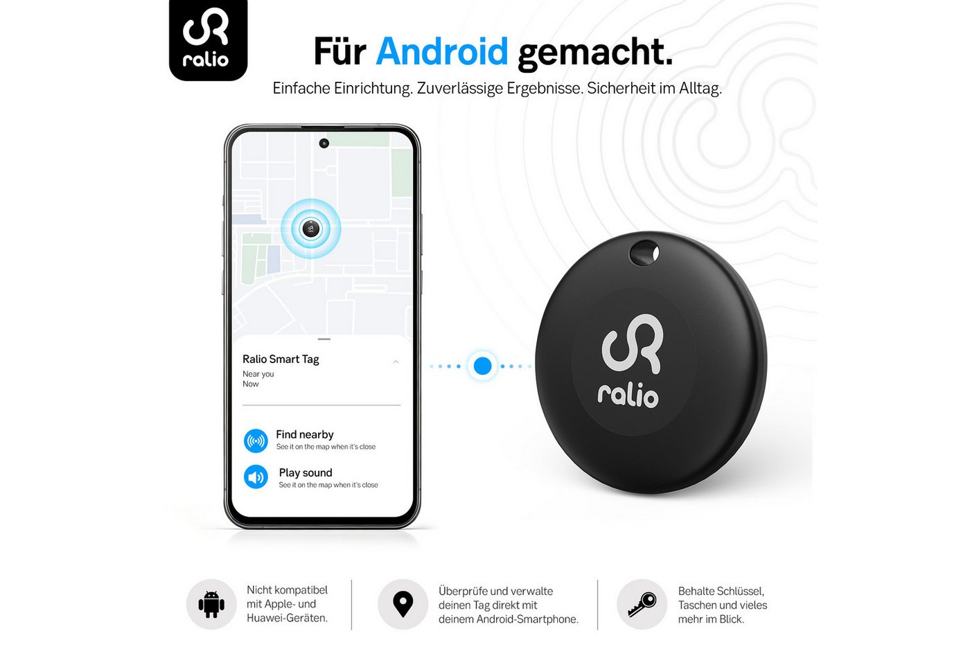Ralio Bluetooth Tracker Android, kompatibel mit Google Find My Device GPS-Tracker (Smart Tag ohne Abo, für Schlüssel, Geldbörse, Tasche, Rucksack,Fahrrad) Bild 2