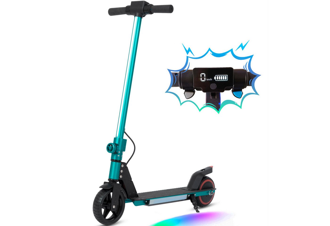 Sinaopus Cityroller Elektro-Kinderroller ab 6 Jahren, klappbarer E-Roller, bis zu 8km, 150 W, 14 km/h, (LED-Display, EBS + Fußbremse, Aluminiumrahmen), Farbige LED-Lichtleiste, mit Frontlicht, E-Scooter für Kinder Bild 4