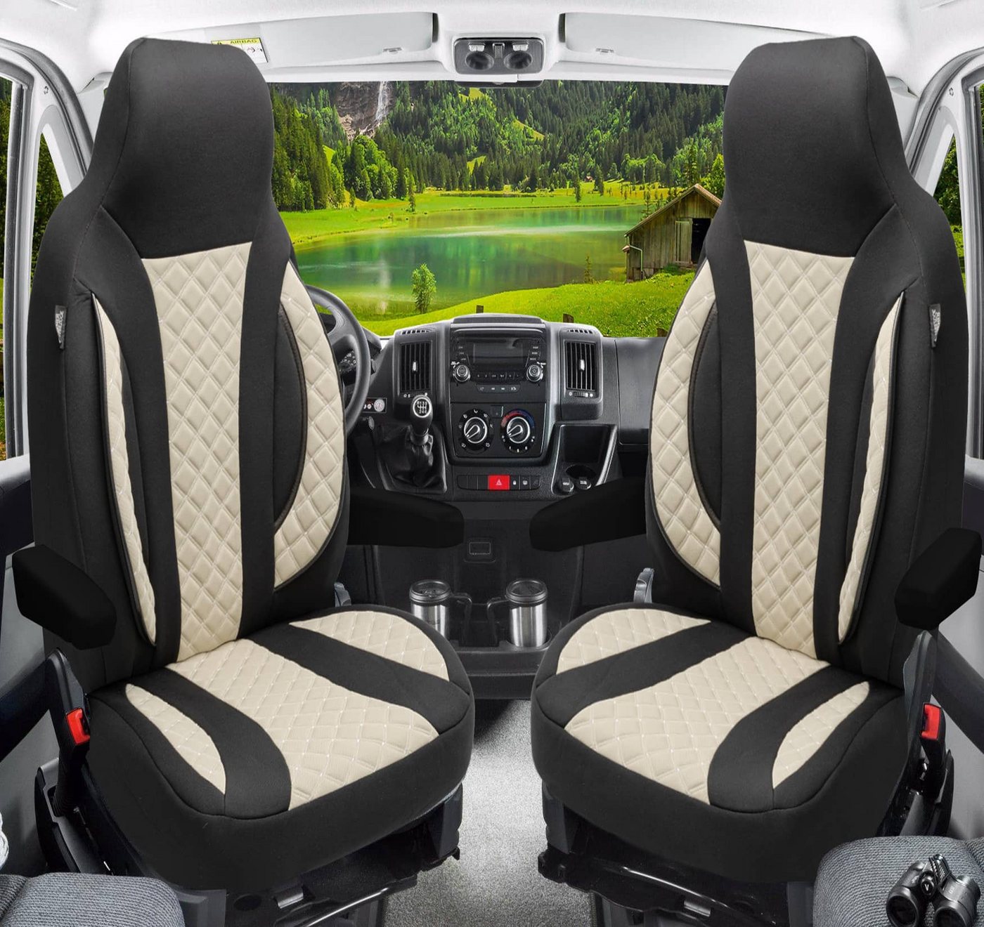 BREMER SITZBEZÜGE Autositzbezug Schonbezüge für Wohnmobil 2er Set in Schwarz/Beige WPL410 Bild 4