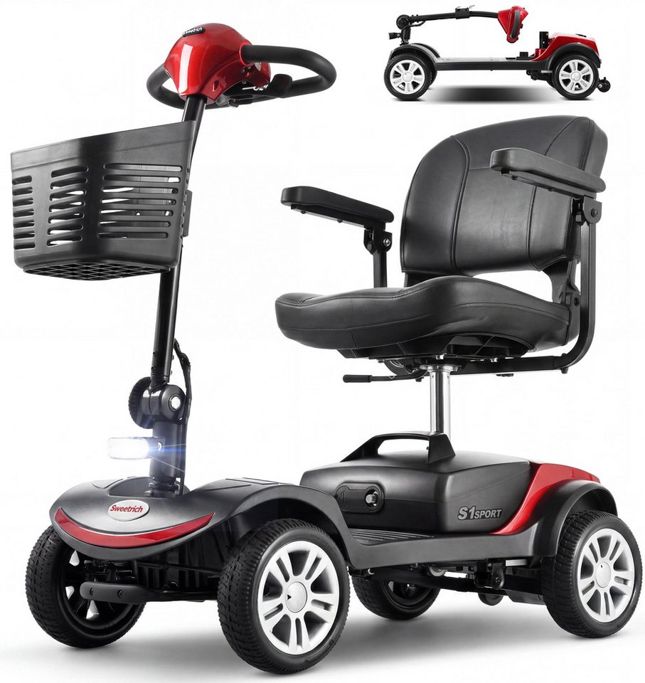 LVHOM Elektromobil faltbar Seniorenmobil, Hinter-Stoßdämpfer, 15-25 km,12Ah 4-Rad-Scooter, 300 W, 6 km/h, (136 kg Tr.Kr. mit 360° drehbarer verdickter Luxussitz + Korb + LCD-Display + verstellbare Armlehnen + E-Bremse, sensibles Anhalten, 14.5cm hohes Fahrgestell), Gesamtgewicht: 46kg