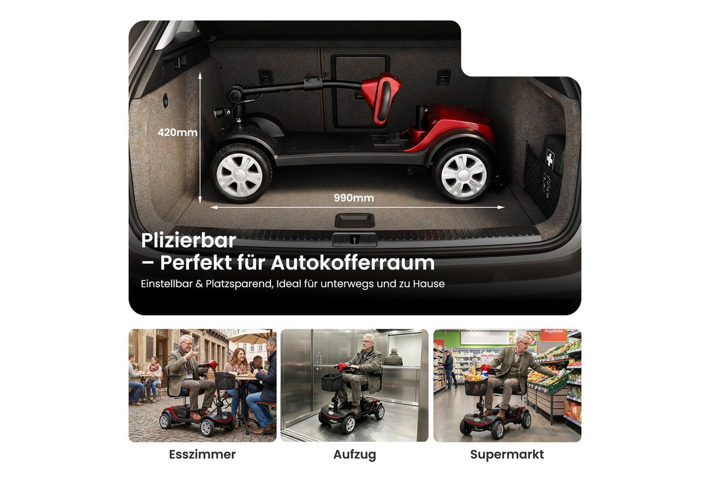 LVHOM Elektromobil faltbar Seniorenmobil, Hinter-Stoßdämpfer, 15-25 km,12Ah 4-Rad-Scooter, 300 W, 6 km/h, (136 kg Tr.Kr. mit 360° drehbarer verdickter Luxussitz + Korb + LCD-Display + verstellbare Armlehnen + E-Bremse, sensibles Anhalten, 14.5cm hohes Fahrgestell), Gesamtgewicht: 46kg Bild 2
