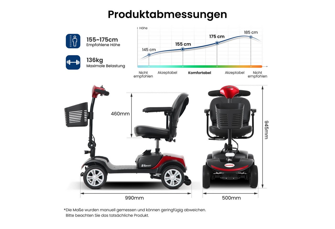 LVHOM Elektromobil faltbar Seniorenmobil, Hinter-Stoßdämpfer, 15-25 km,12Ah 4-Rad-Scooter, 300 W, 6 km/h, (136 kg Tr.Kr. mit 360° drehbarer verdickter Luxussitz + Korb + LCD-Display + verstellbare Armlehnen + E-Bremse, sensibles Anhalten, 14.5cm hohes Fahrgestell), Gesamtgewicht: 46kg Bild 5
