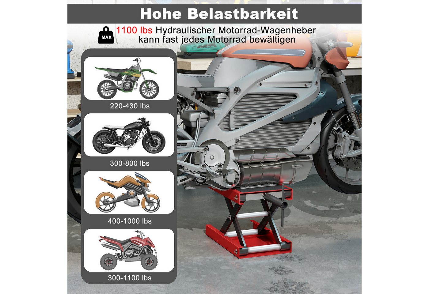 FIVMEN Motorradheber Motorradhebebühne bis zu 500kg Rangierhilfe Motorradlift, für Motoständer Reparatur Motorrad Heber Montagebock Bild 5