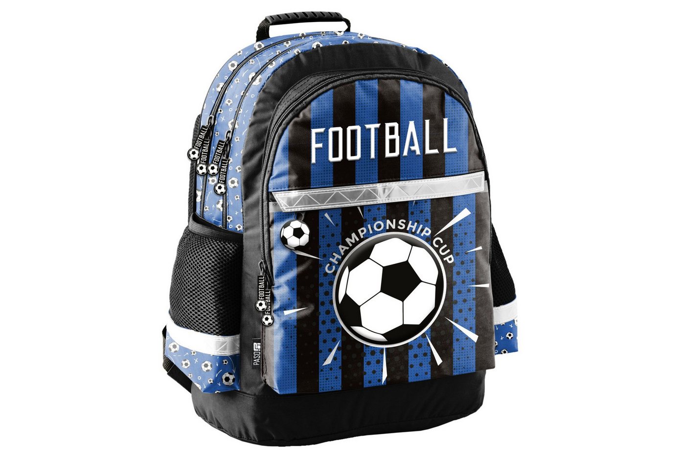 PASO Schulranzen (Set, 3-Tlg), Rucksack mit 3D Prägedruck & Turnbeutel & Federmappe - Fußball blau Bild 2