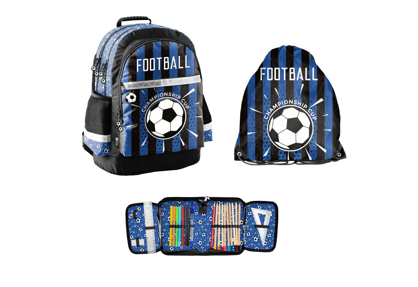 PASO Schulranzen (Set, 3-Tlg), Rucksack mit 3D Prägedruck & Turnbeutel & Federmappe - Fußball blau Bild 4
