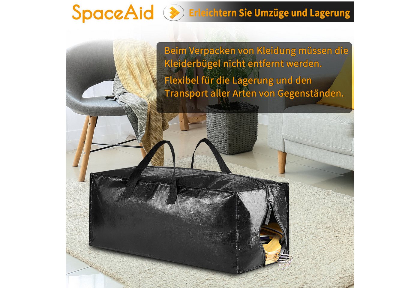 SpaceAid Aufbewahrungstasche Extra große Umzugstaschen (robuste Aufbewahrungsbeutel mit Doppelreißverschluss, 6-tlg)
