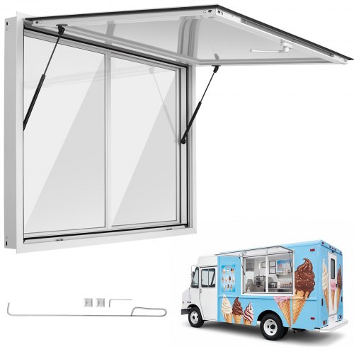 VEVOR Verkaufsfenster für Foodtrucks 1220 x 915 mm aus Aluminiumlegierung, Konzessionsfenster für Imbisswagen, bis zu 85° Aufklappbar, 2 Acryl-Schiebefenster, Verkaufsklappe, Schlepphaken, Regenschutz