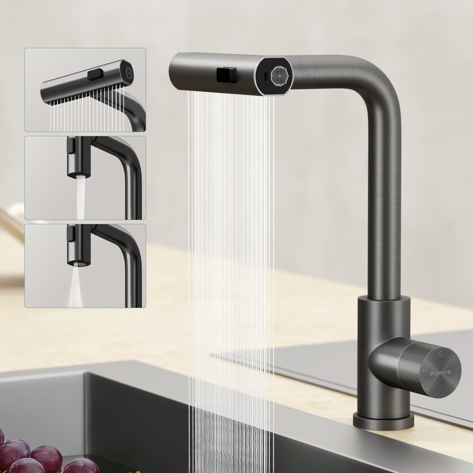 Mai & Mai Wasserhahn Küche Küchenarmatur Mit Brause Ausziehbar, Küchenwasserhahn 360°schwenkbar 3 Sprühfunktionen, Mischbatterie Spültischarmatur Aus Edelstahl Grau Turnix-02