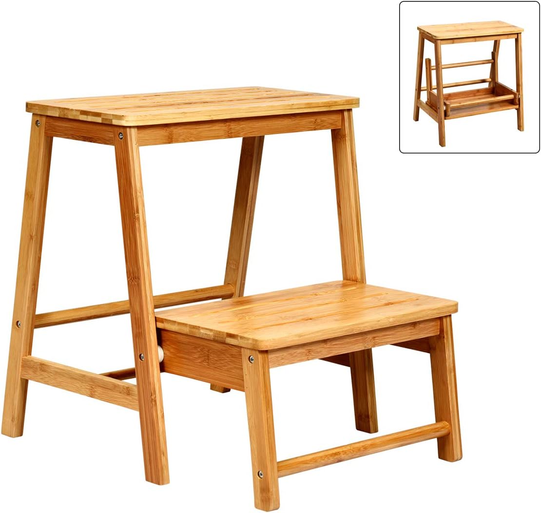 2-stufen Tritthocker, Leiterstuhl Klappbar Bambus Trittleiter Bis 150kg Haushaltsleiter 45 X 51 X 48 Cm - Costway