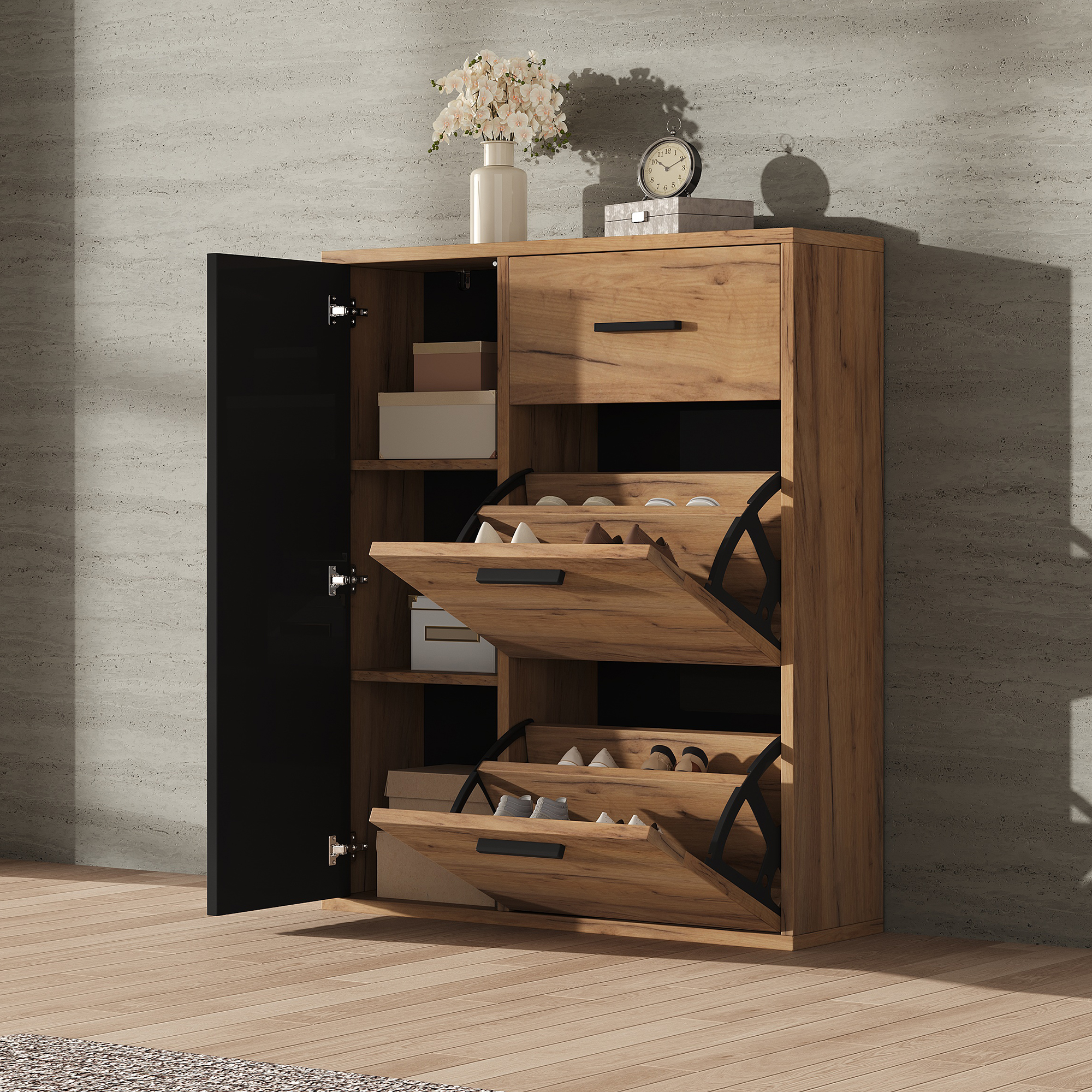 Schuhschrank Mit 1 Schublade, 2 Klappen, 1 Tür Und Verstellbaren Einlegeböden, Schwarz Und Natur, 80 X 24 X 95.5 Cm