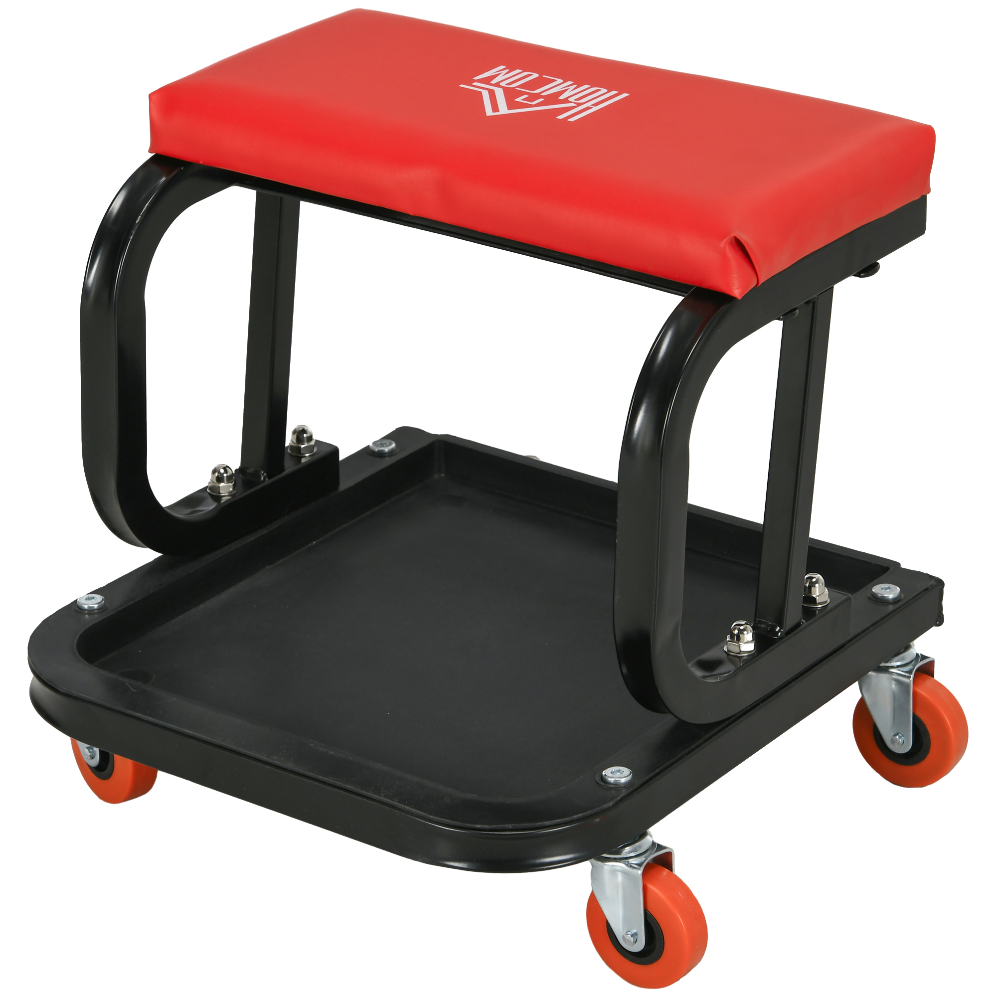 Gepolsterter Werkstatthocker Mit Rollen Und Werkzeugablage, Stahl Und Pu, 38 X 35 X 37 Cm, Rot