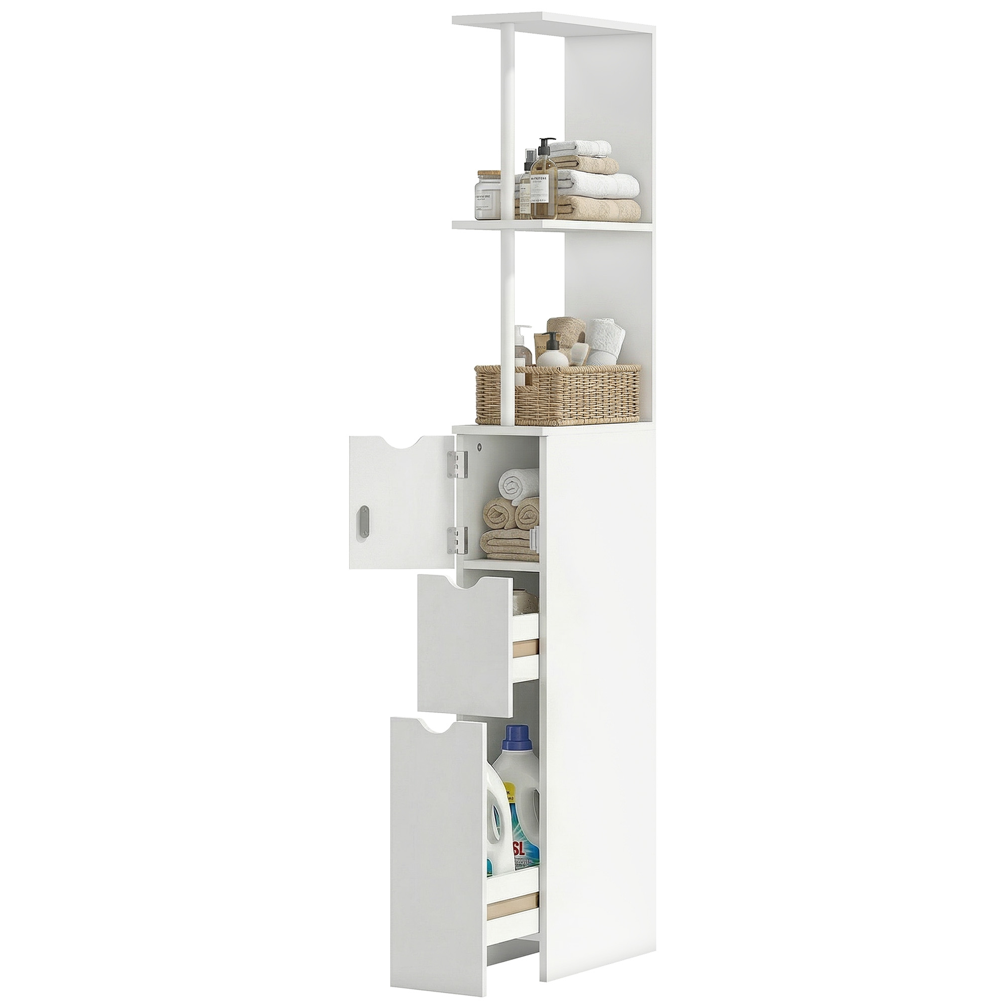 Weißer Badezimmerschrank (säule), 15 X 33 X 136,8 Cm, Mit Schubladen Und Offenen Regalböden
