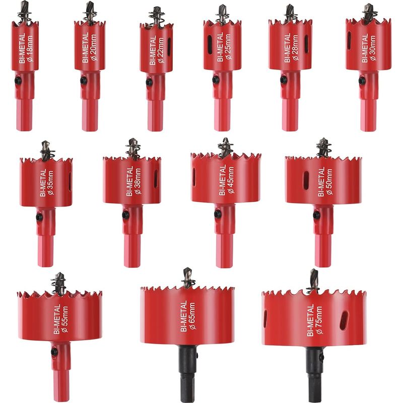 Bimetall-lochsäge, 13-teiliges Lochsägen-set Mit 13 Dornen, 13 Innensechskantschlüsseln Und 13 Federn, Sägeblatt Ø 18–75 Mm Zum Bohren Von Kunststoff, Pvc, Holz, Faserplatten Und Weichmetallen (durchm