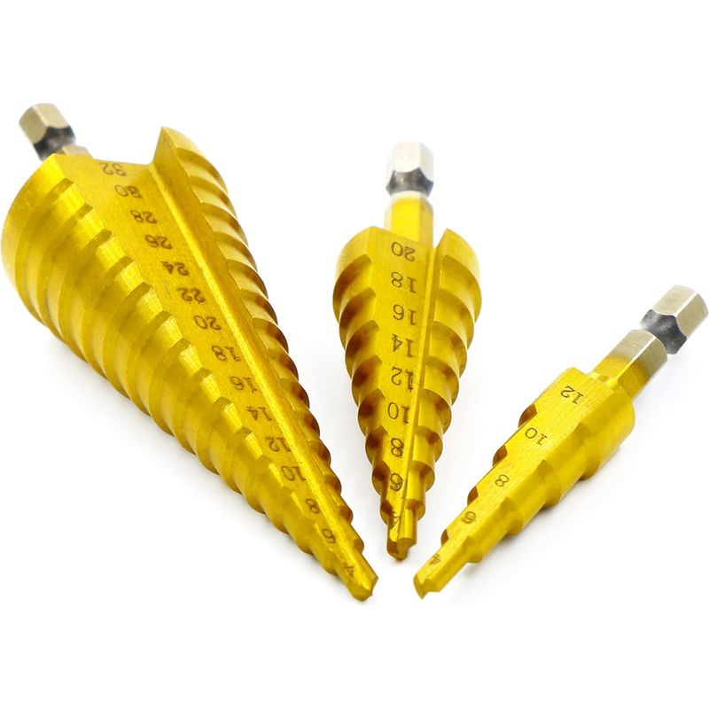 Set Mit 3 Hss-stufenbohrern Mit Titanbeschichtung, Universal-sechskantschaft, 4 Mm–12/20/32 Mm, Inklusive Nylonbeutel Für Kunststoff, Pvc, Holz, Metall, Aluminium Und Kupfer