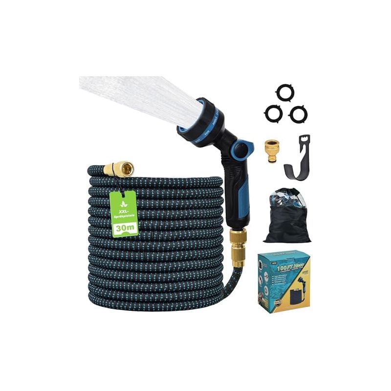 30 M Langer, Ausziehbarer Gartenschlauch Mit Automatischem Einzug, Inklusive Xxl-spritzpistole (24 Cm), 10 Funktionen, Doppelten Metallanschlüssen (1/2" & 3/4"), 2500d Tpe, Geschenkverpackung – Blau U