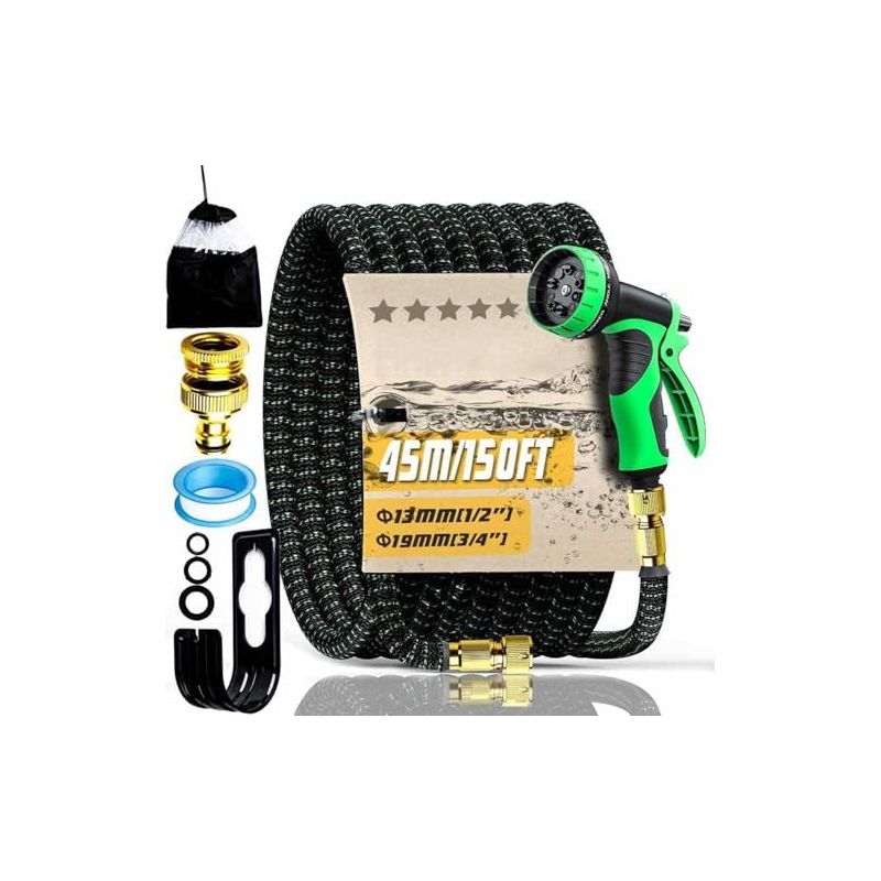 45 M/150 Fuß Gartenschlauch, Dehnbar Mit 1/2"- Und 3/4"-anschlüssen, Knickfest, Auslaufsicher, 10-funktions-sprühdüse Zum Bewässern Und Reinigen Des Gartens – 150 Fuß/45 M