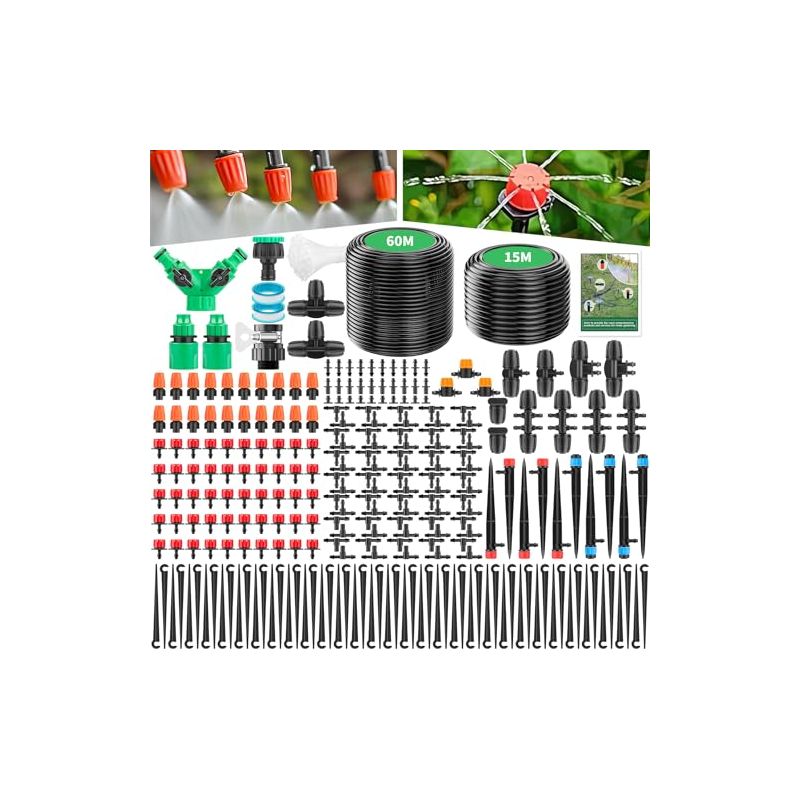315-teiliges Gartenbewässerungssystem Mit Tropfbewässerung, 60 M + 15 M Schlauch, Sprühbewässerungs- Und Kühlsysteme Für Rasen Und Gewächshauspflanzen -