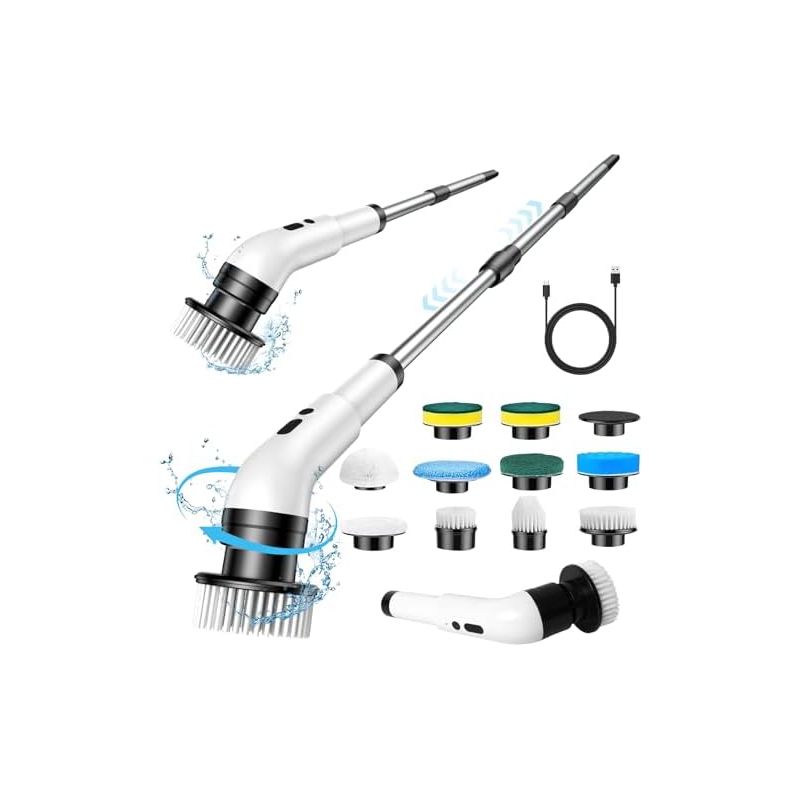 Elektrische 10-in-1-reinigungsbürste Mit Rotationsfunktion, 3 Einstellbaren Geschwindigkeitsstufen Und 140 Cm Teleskopstiel Für Bad, Boden, Küche Und Terrasse -
