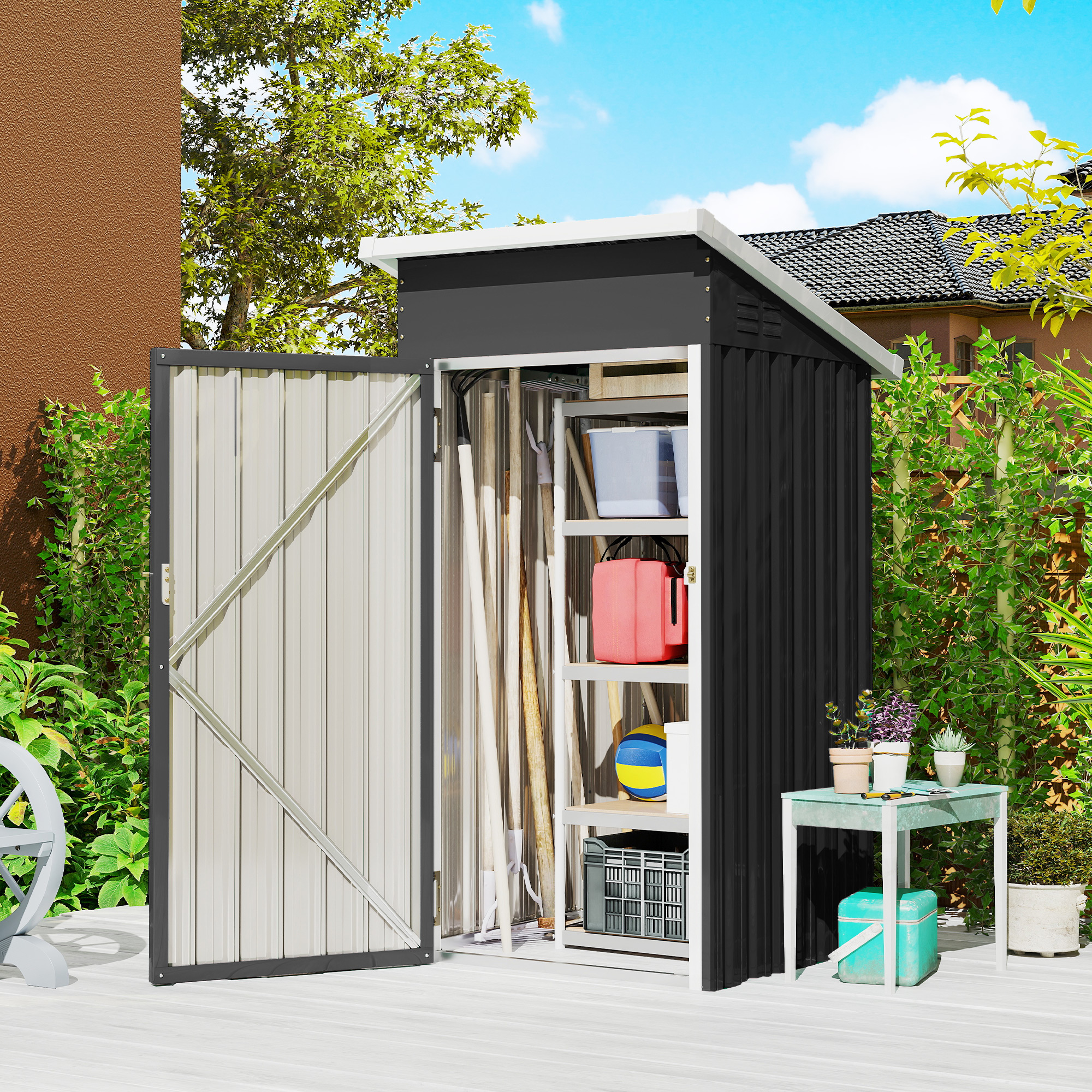 Gartenhaus Aus Metall, 0,74 M² (107,5 X 91 X 185 Cm), Mit Schrägdach, Abschließbarer Tür Und Belüftung, Grau
