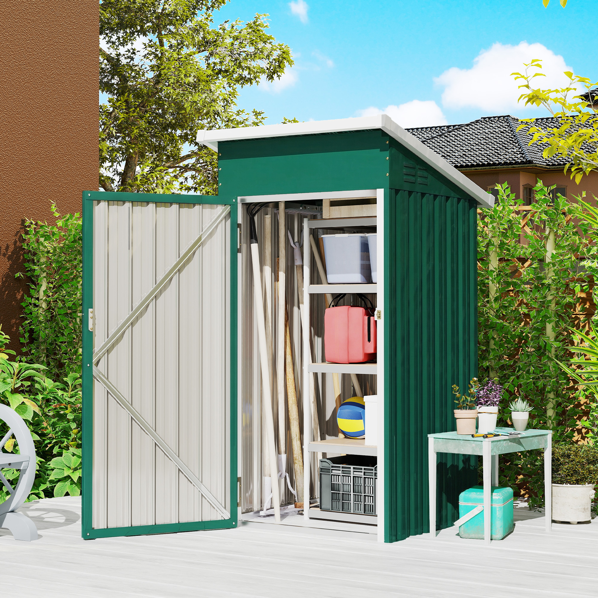 Metall-gartenhaus 0,74 M² (107,5 X 91 X 185 Cm) Mit Schrägdach, Abschließbarer Tür Und Belüftung – Grün