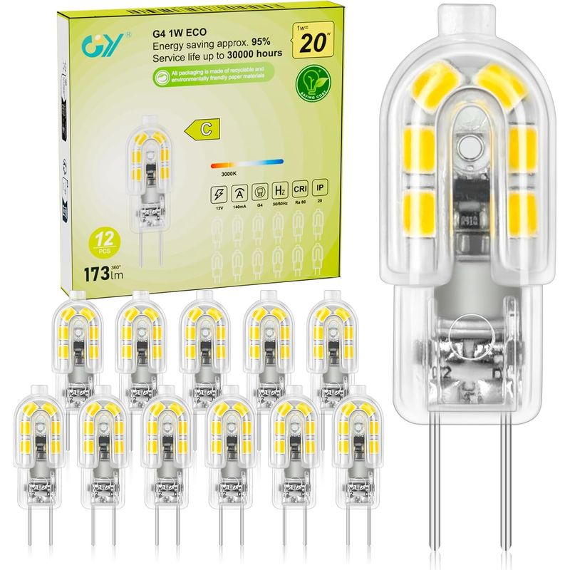 12 G4 Led-lampen – 12 V – Energiesparend (1 W Entspricht 20 W) – Warmweiß (3000 K), Flimmerfrei – Für Küchenmöbel