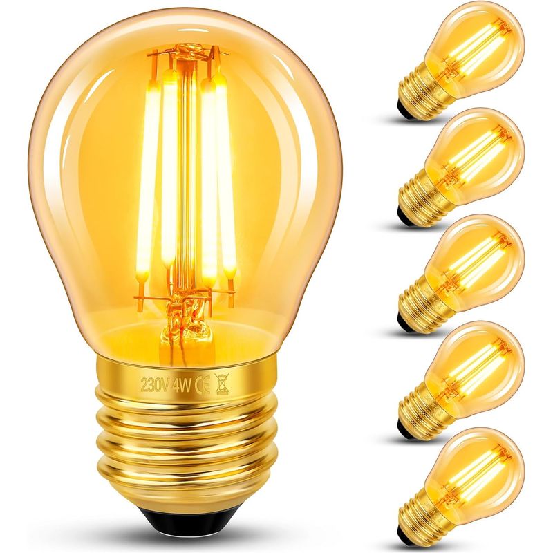 6er-set Led-lampen – E27-sockel – G45-form – Retro-glühfaden – Warmweißes, Bernsteinfarbenes Glas (2200 K) – Innendekoration Für Restaurants, Cafés Und Bars – Bernstein – 4,5 X 7,6 Cm