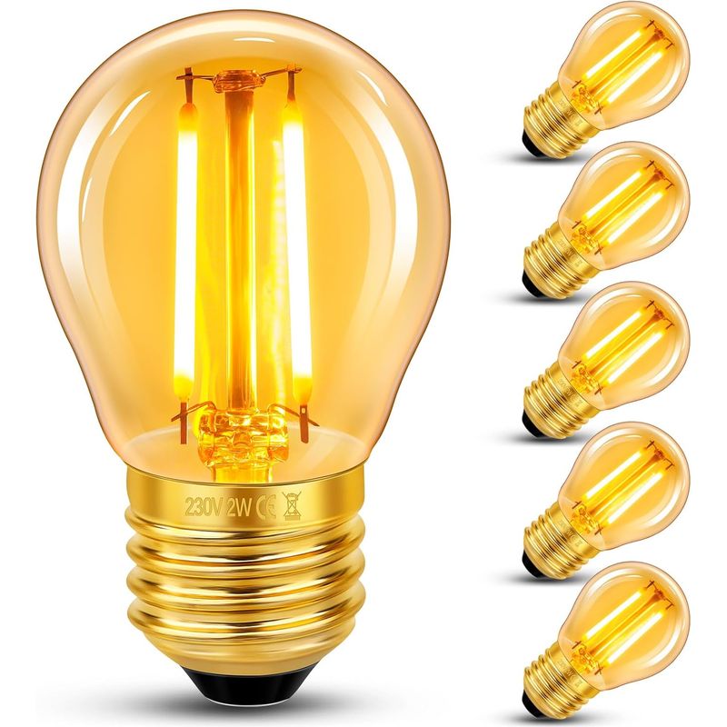 6er-pack Led-lampen – E27-sockel – G45-form – Retro-glühfaden – Warmweißes, Bernsteinfarbenes Glas (2200 K) – Nicht Dimmbar – Für Restaurants, Cafés Und Bars – 4,5 X 7,6 Cm