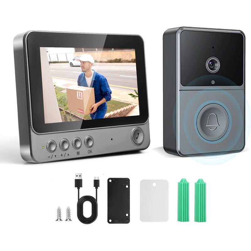 1 Kabellose Video-türklingel, 4,3"-bildschirm, 1080p-kamera, Nachtsicht, Ip65, Gegensprechfunktion, Für Den Außenbereich