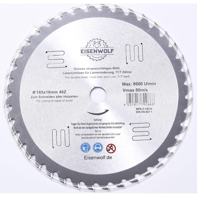 1 Kreissägeblatt – Hartmetall – 40 Zähne Für Holz Und Verbundwerkstoffe – Grau – 185 X 16 Cm
