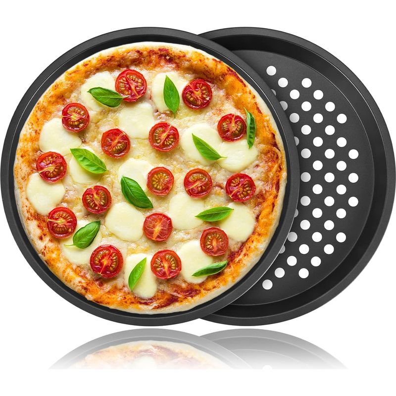 2 Pizzableche, Kohlenstoffstahl, Antihaftbeschichtung, Perforiert, Durchmesser 28 Cm, Für Haushaltsbacköfen