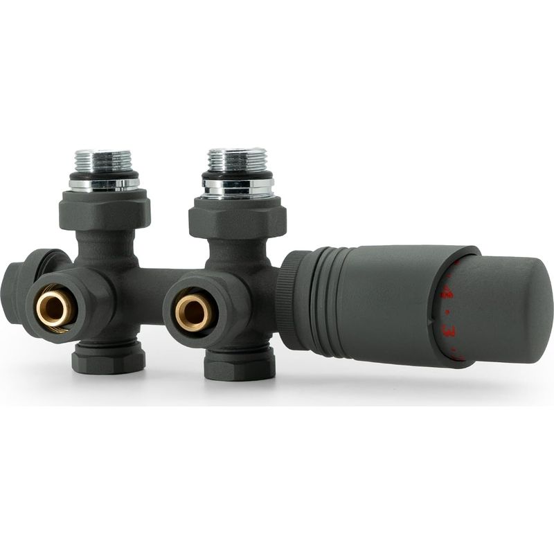 1 - Universelles Multiblock-set - Thermostatventil - 50-mm-zentralanschluss - Anthrazitfarbenes Design Aus Massivem Messing Für Heizkörper In Bad, Schlafzimmer Und Küche