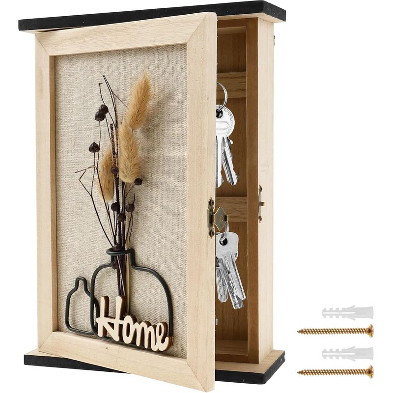 1 Schlüsseltresor – Wandmontierter Schlüsselhalter – Aufbewahrung Mit 6 Haken – Design Aus Trockenblumen Und Holz – Für Flur Und Wohnzimmer – Braun – 20 X 6 X 27 Cm