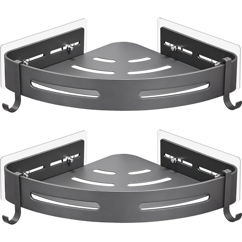 2-teiliges Duschregal – Eckhalterung Aus Metall – Bohrfreie Badezimmeraufbewahrung Mit 4 Haken – Wasserabweisend – Grau – 25 X 25 X 8 Cm