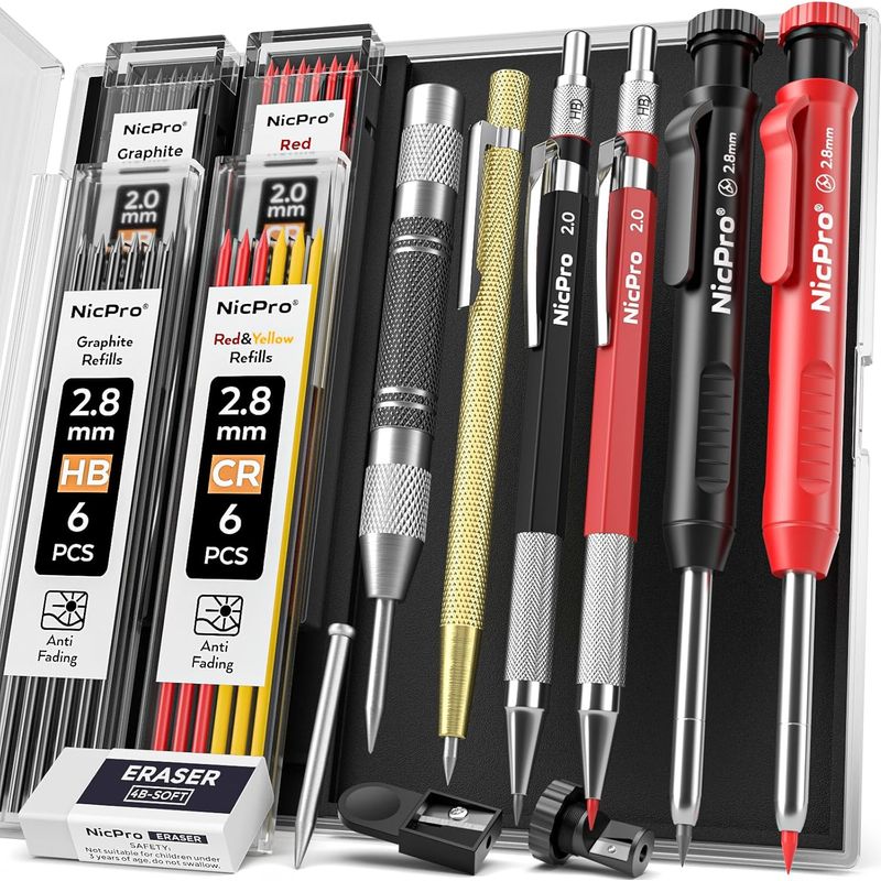 15-teiliges Set – Zimmermannsbleistift – Druckbleistift – Hartmetall-markierwerkzeug – Automatischer Körner Für Bau- Und Holzbearbeitung, Schwarz Und Mehrfarbig, 2,0 X 45 Cm