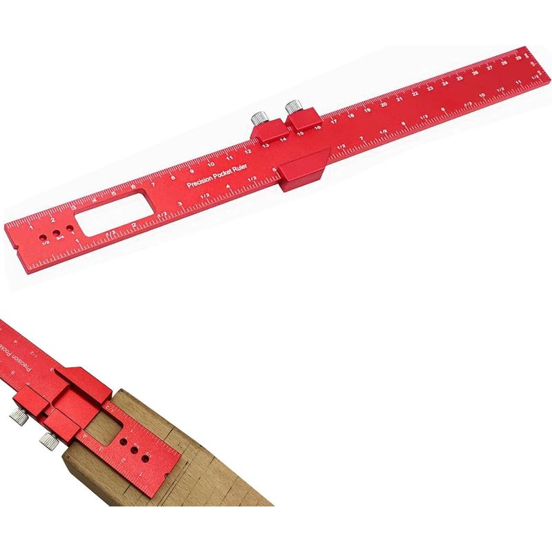 1 - Markierungslineal - Verstellbarer Anschlag - 45°- Und 90°-markierungen - Für Holz- Und Metallbearbeitung - Rot - 30 X 2,5 Cm