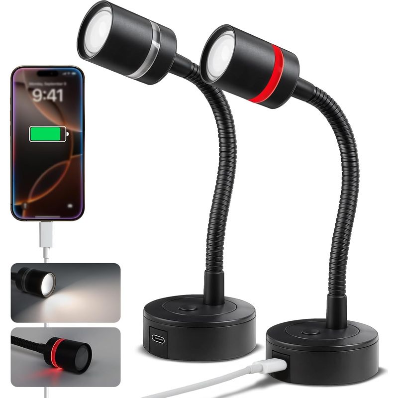 2 Stück – 12v Led-lampe – Rotes Nachtlicht – Dimmbar 4000k – 20w Usb-c-ladegerät – 360° Flexibler Arm – Für Wohnmobil, Boot, Wohnwagen, Schwarzes Metall
