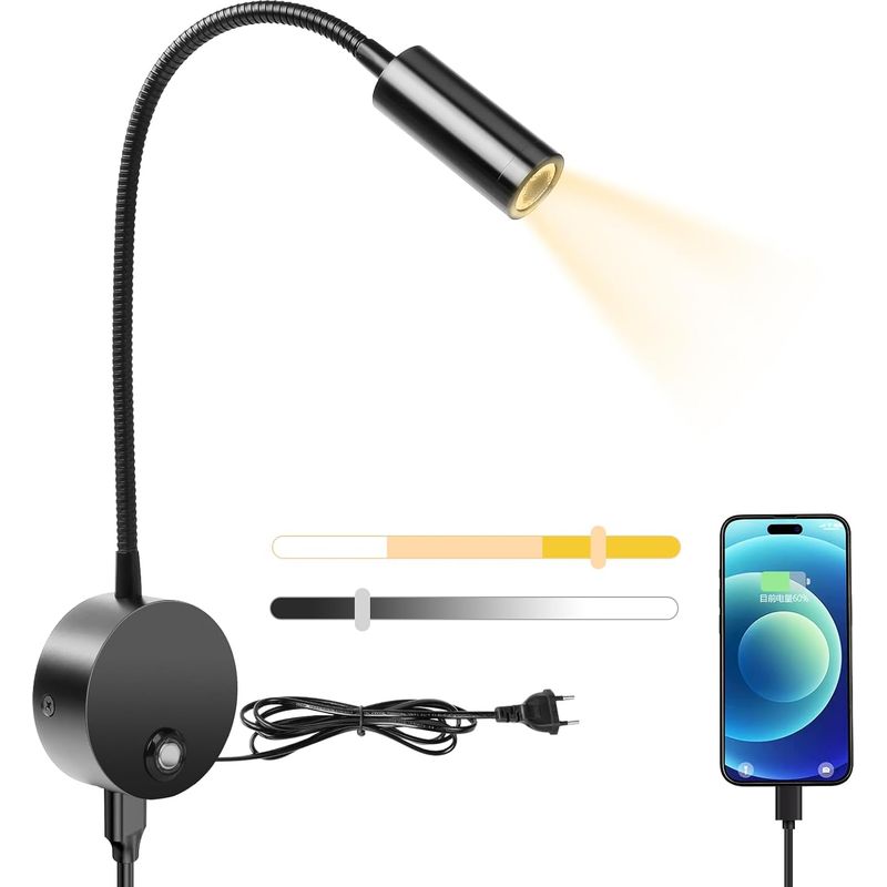 1 Led-wandleuchte – Schwanenhals-leselampe – Dimmbar Und Mit Usb-anschluss – Für Nachttisch Und Schreibtisch – Schwarz – 34 Cm