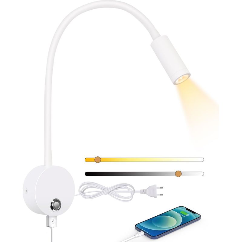 1 - Wandleuchte - Leselampe - Dimmbar 3000k-6000k - 5v/2a Usb-anschluss - 360° Verstellbarer Schwanenhals - Schlafzimmer - Schwarz - 3w
