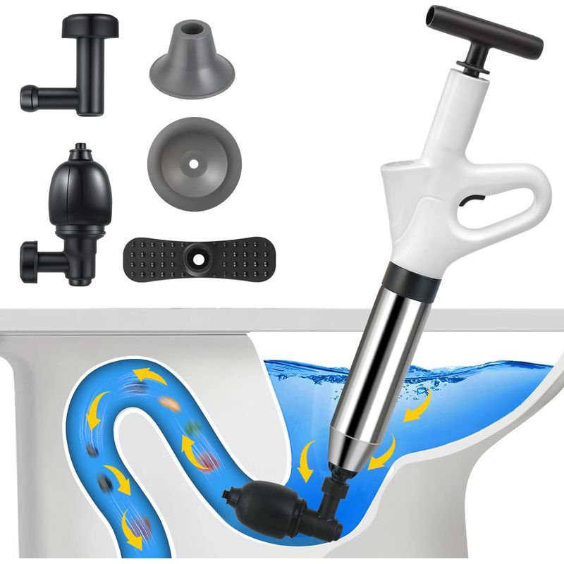 - Druckluft-abflussreiniger - Toilettenpömpel Mit Manometer - Reinigung Von Rohren, Toiletten, Waschbecken, Badewannen - Schwarz - 3 Aufsätze