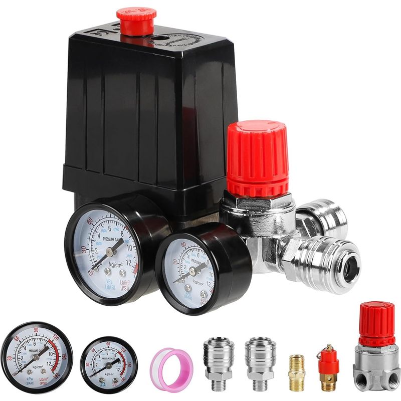 1 - Kompressor-druckschalter - Druckregler - 90-120 Psi-steuerung Mit Manometer Und Sicherheitsventil - Für Werkstatt- Und Fabrikeinsatz - Schwarz - 220 V