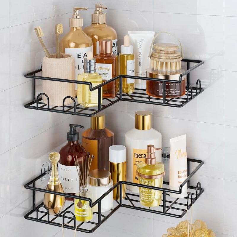 2 Stück – Duschablage – Badezimmeraufbewahrung – Selbstklebende Montage Ohne Bohren – Rostfreier Stahl Mit Haken – Für Wandecken – Schwarz – 25 X 25 Cm Und 30 X 30 Cm