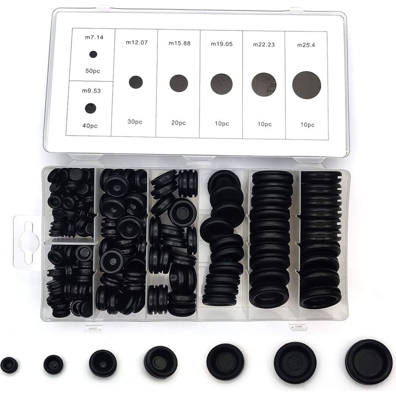 170 Gummistopfen, Schwarz, 7 Größen, Öse, Ölbeständig, Kabeldurchführung, Kfz, Haushalt