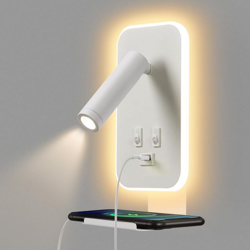 1 Led-wandleuchte – Leselampe Fürs Bett – Ambiente- Und Leselicht Mit Usb-anschluss Und Ablage – Separate Schalter – Verstellbarer Winkel – Für Schlaf- Und Wohnzimmer – Weiß – 3 W + 9 W