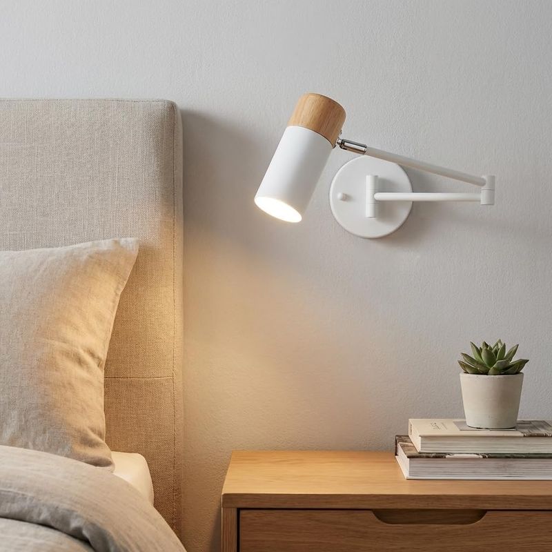 1 - Wandleuchte - Schwenkarmleuchte - Nordisches Design Aus Holz Und Aluminium - 360° Verstellbare Beleuchtung Zum Lesen Und Für Stimmungsvolles Licht - Für Wohnzimmer, Schlafzimmer, Büro - Weiß - 25