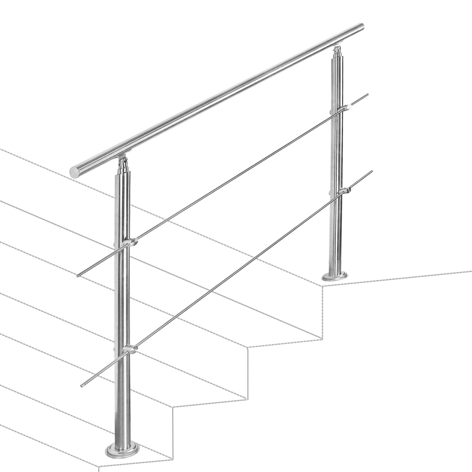Tolletour Edelstahl Treppengeländer 180 Cm Mit 2 Querstreben, 2 Pfosten, Ø42 Mm Handlauf, 106,5 Cm, Balkon Terrasse Innen/außen