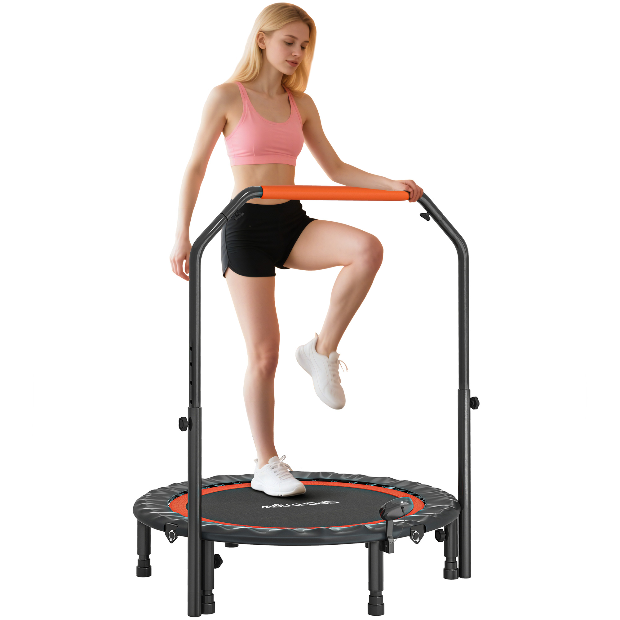 Fitness-/gymnastiktrampolin Mit Verstellbarem Griff, Klappbar, 6 Beine, 28 Federn, Ø 102 Cm, Schwarz Und Rot